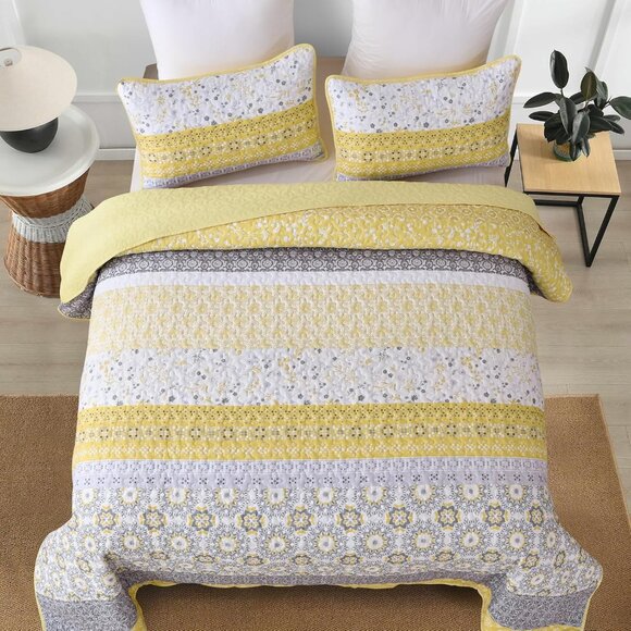New Yellow Bohemian Floral 3 Piece Polyester Quilt Set • Reversible • KING Size - Picture 3 of 3